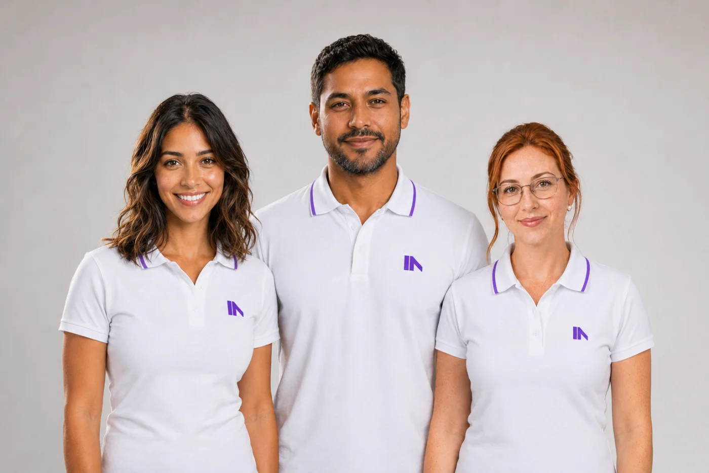 Sofia, Clara e Bruno, os agentes de inteligência da NoBoring, lado a lado de uniforme